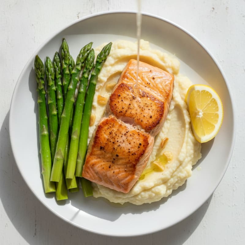 Seared Salmon with Steamed Asparagus and Garlic Cauliflower Mash