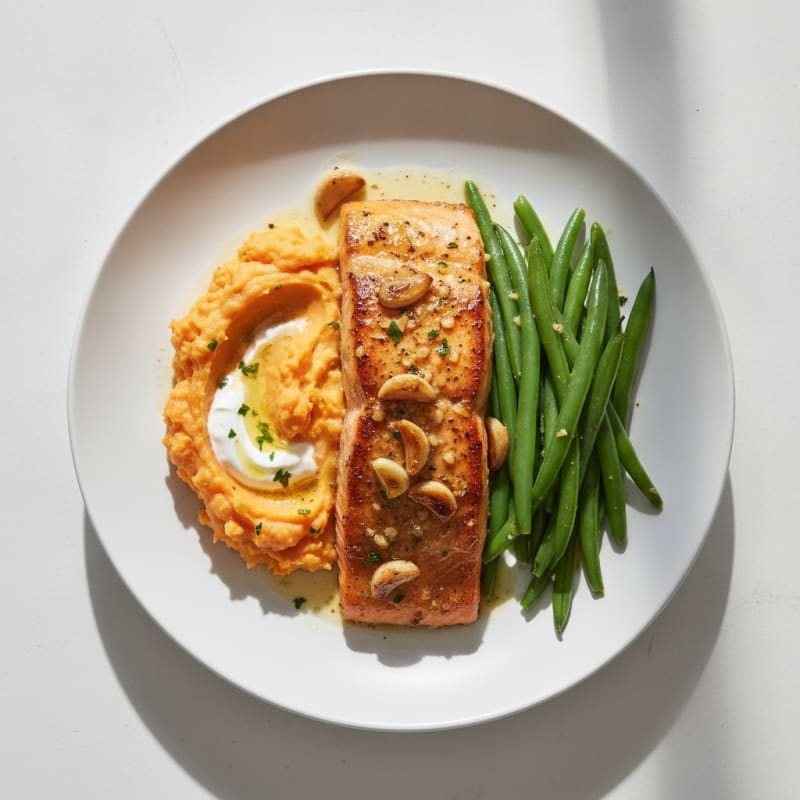 Garlic Roasted Salmon with Sweet Potato Mash and Steamed Green Beans