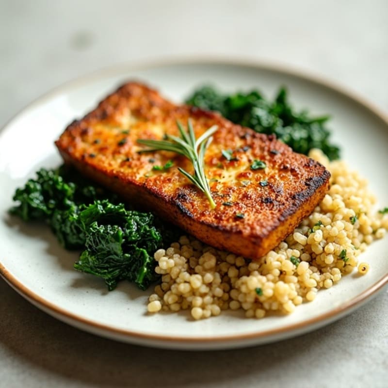 Herb-Roasted Tempeh with Garlic Spinach and Quinoa