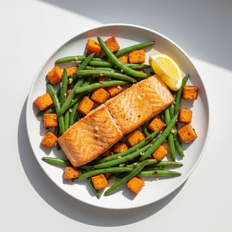 Seared Salmon Fillet with Roasted Sweet Potato and Garlic Green Beans