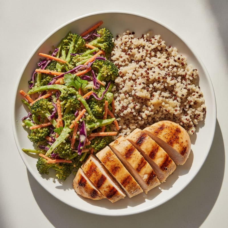 Grilled Chicken Breast with Crunchy Broccoli Slaw and Quinoa