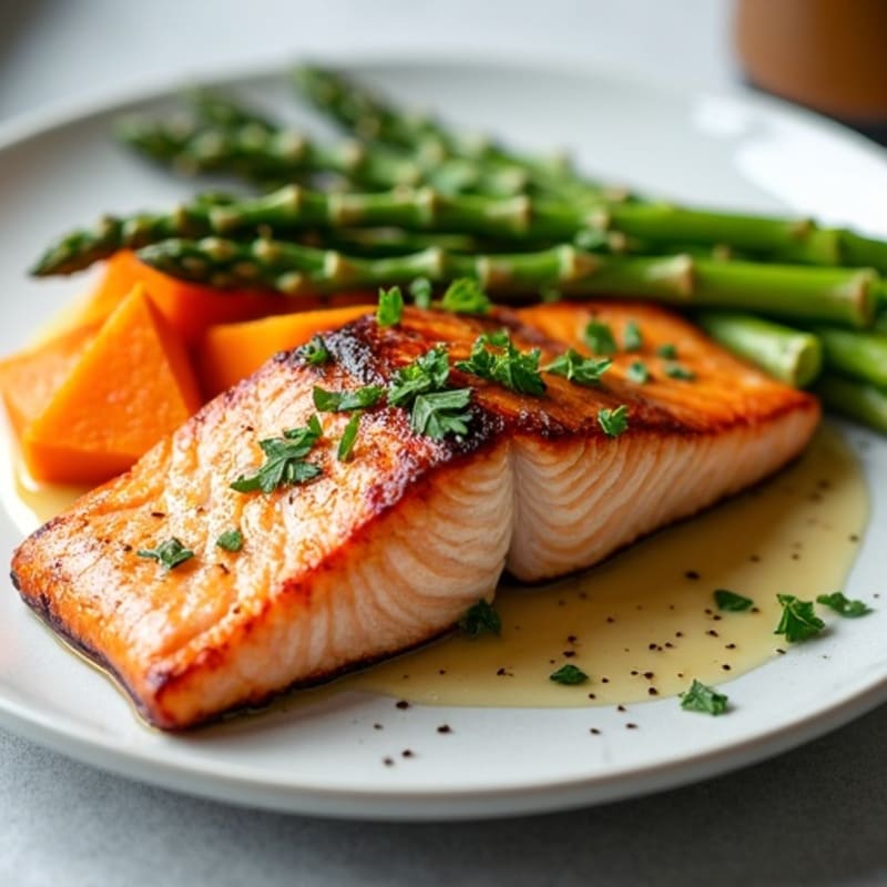 Seared Salmon Fillet with Roasted Sweet Potato and Asparagus