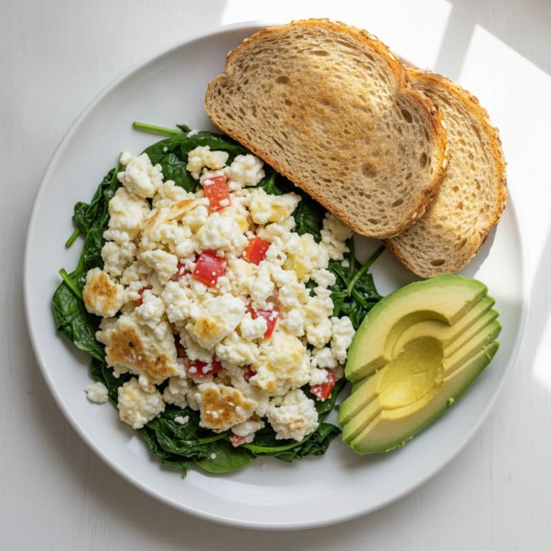 Egg White Veggie Scramble with Cottage Cheese and Sautéed Spinach