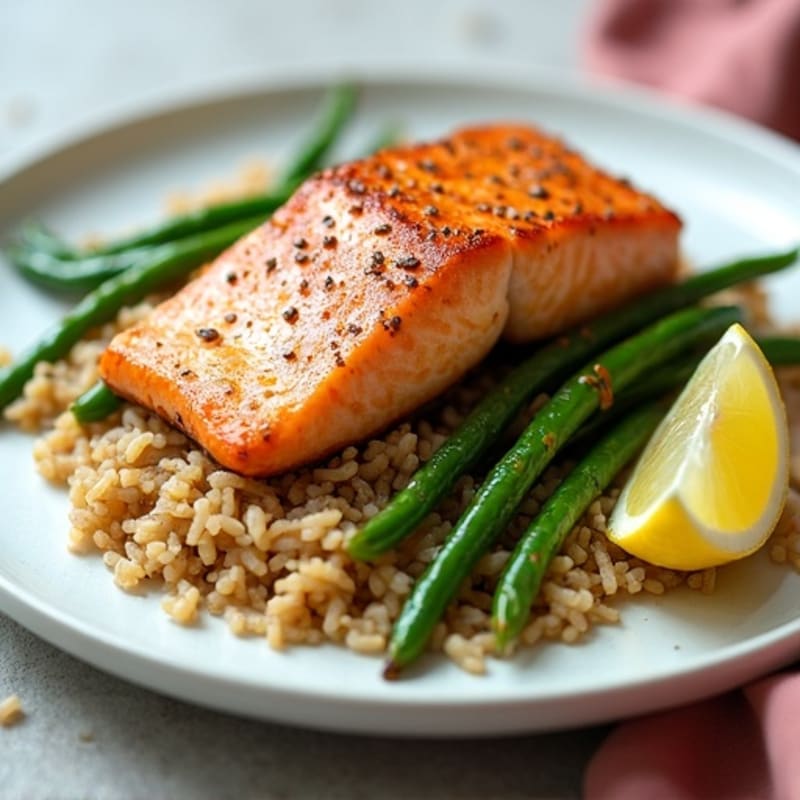 Seared Salmon Fillet with Garlic Green Beans and Brown Rice