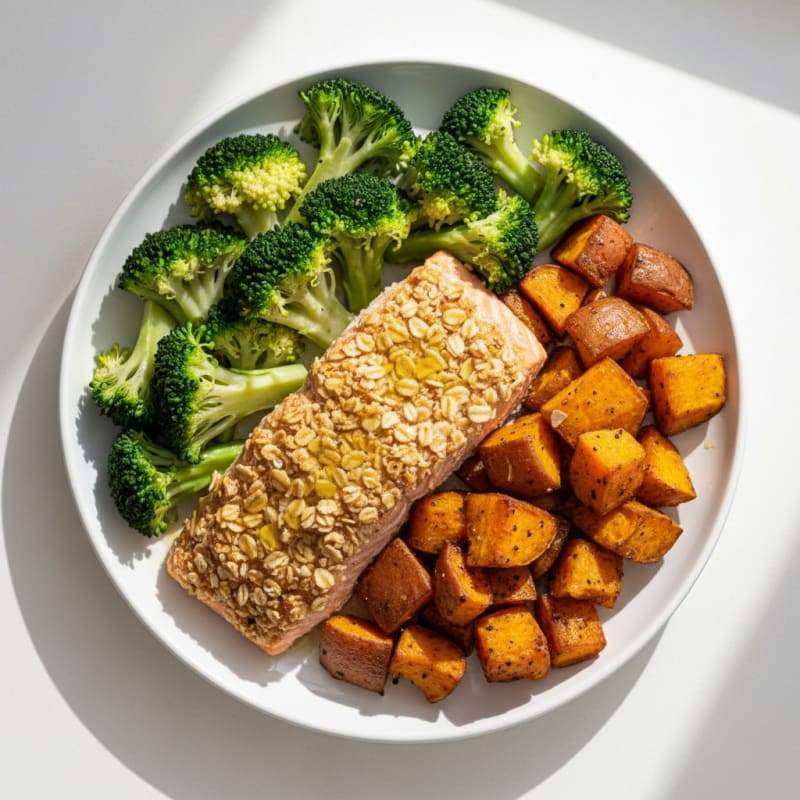 Pan-Seared Salmon with Roasted Sweet Potatoes and Steamed Broccoli