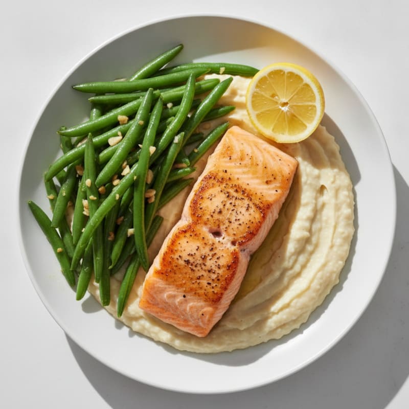 Seared Salmon Fillet with Creamy White Bean Mash and Sautéed Green Beans