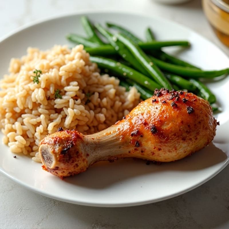 Crispy Roasted Chicken Drumsticks with Roasted Green Beans and Brown Rice