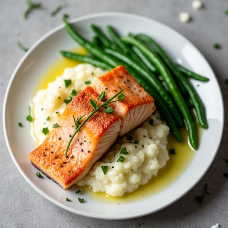Seared Salmon Fillet with Garlic Green Beans and Cauliflower Mash