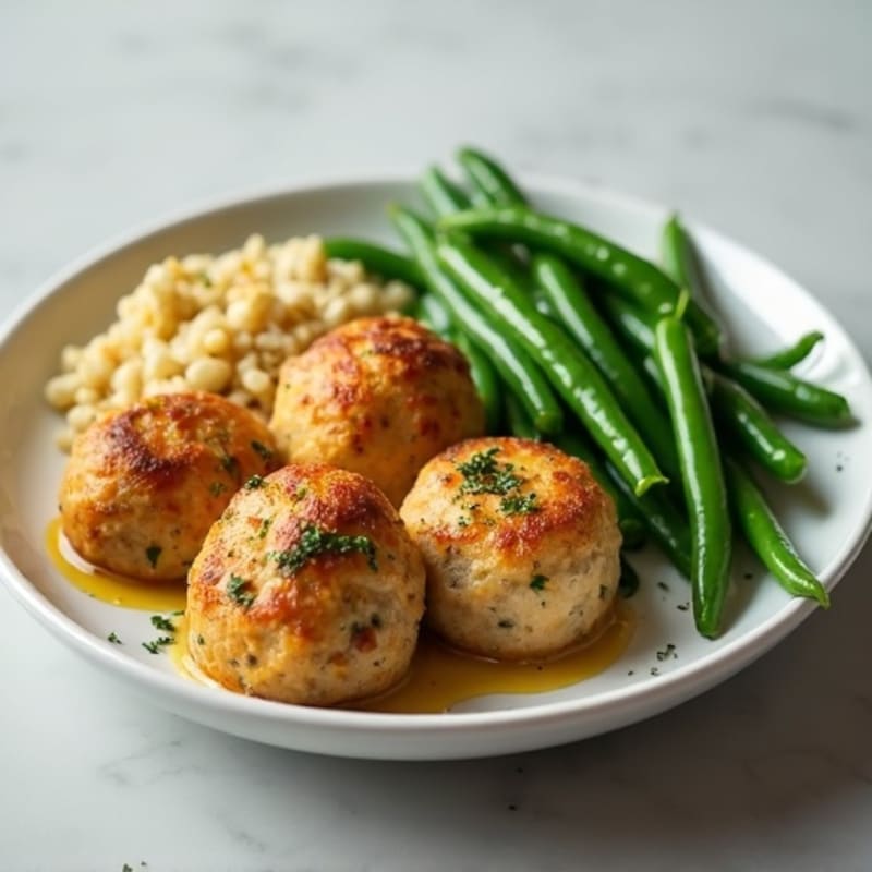 Lean Baked Chicken Meatballs with Savory Herb Cornbread Stuffing and Crispy Garlic Green Beans