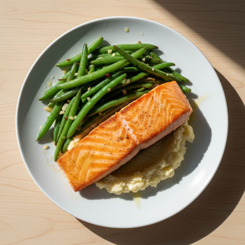Seared Salmon with Garlic Green Beans and Cauliflower Mash