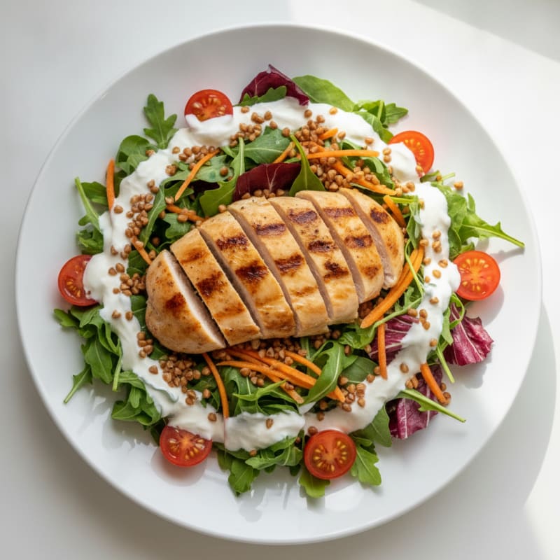 Grilled Chicken Salad with Arugula, Radicchio, Tomatoes, and Carrots