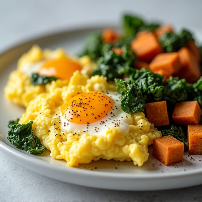 Fluffy Scrambled Eggs with Sautéed Spinach and Crispy Sweet Potato Hash