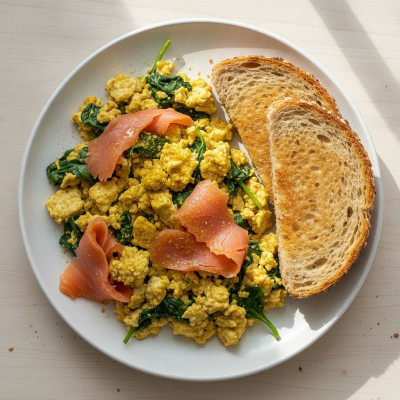 Silky Tofu Scramble with Smoked Salmon and Spinach