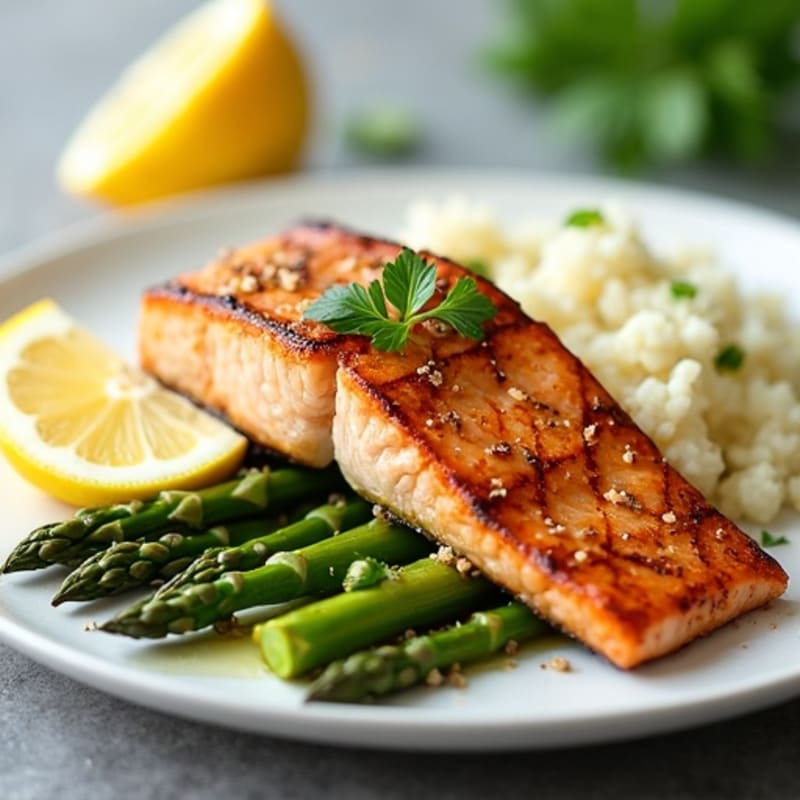 Seared Salmon with Steamed Asparagus and Cauliflower Rice