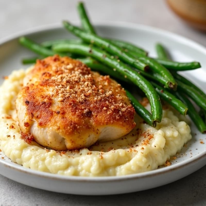 Crispy Baked Chicken Thighs with Creamy Garlic Cauliflower Mash and Crispy Roasted Green Beans
