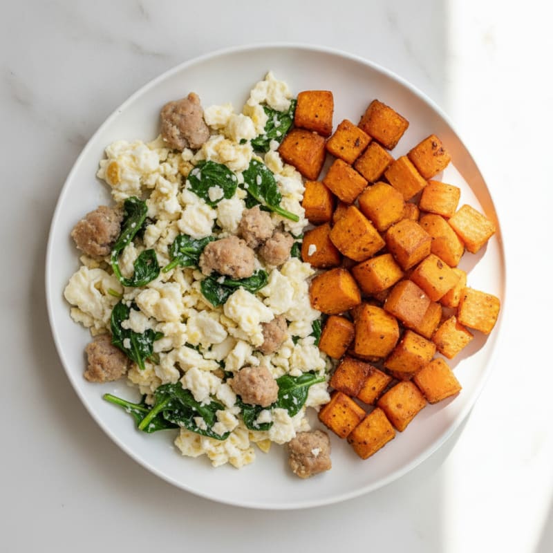 Egg White and Turkey Sausage Scramble with Spinach and Roasted Sweet Potatoes
