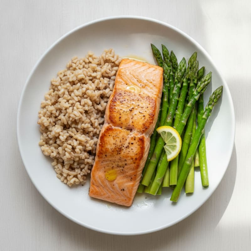 Seared Salmon with Steamed Asparagus and Brown Rice