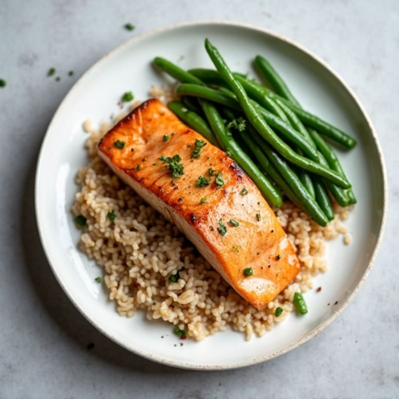 Seared Salmon Fillet with Garlic Green Beans and Brown Rice