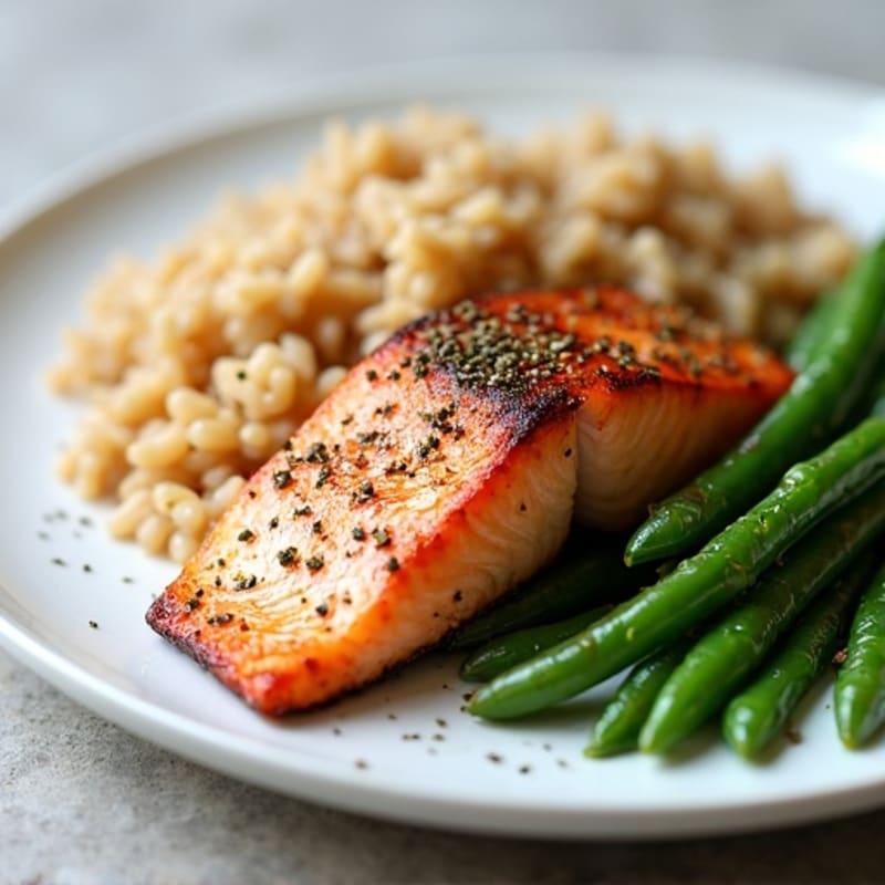 Seared Salmon with Steamed Green Beans and Brown Rice