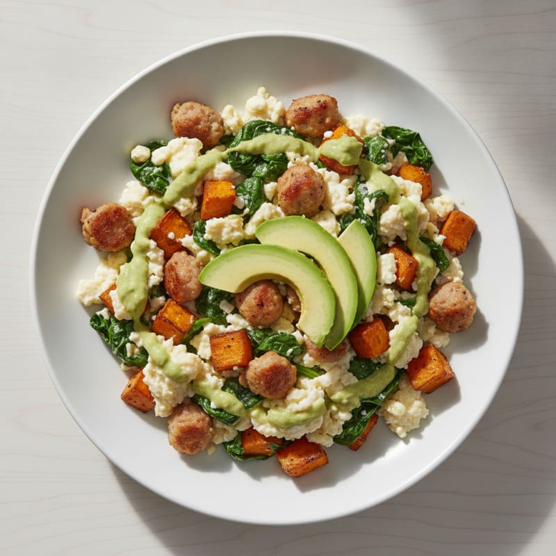 Egg White and Turkey Sausage Scramble with Spinach and Sweet Potato