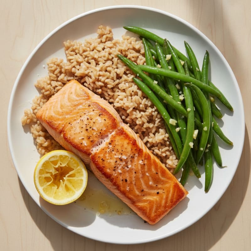 Seared Salmon Fillet with Garlic Green Beans and Brown Rice