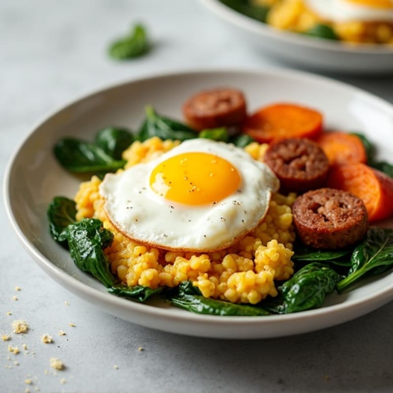 Egg White and Turkey Sausage Scramble with Spinach and Roasted Sweet Potato