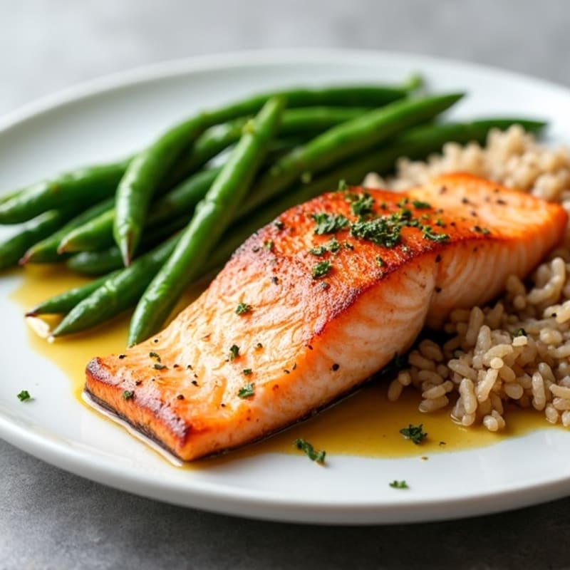 Seared Salmon with Garlic Green Beans and Brown Rice