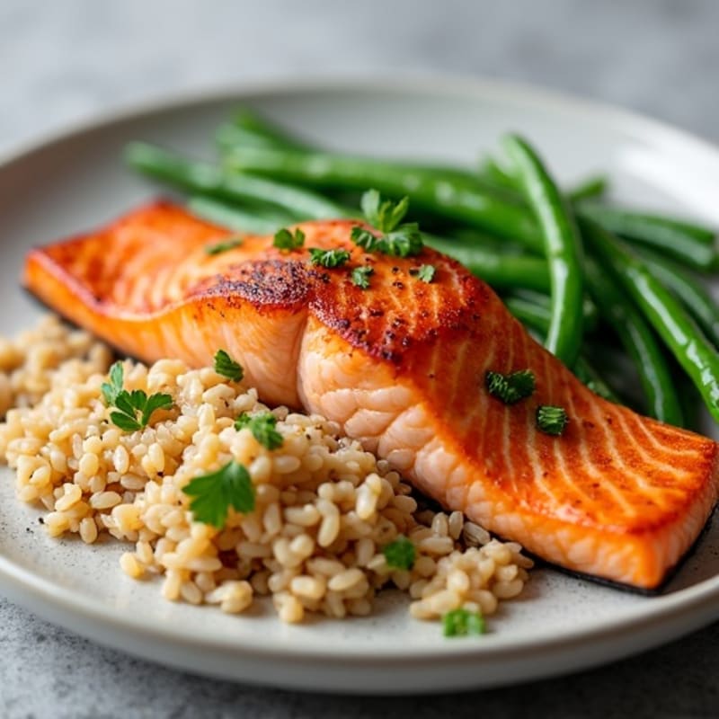 Seared Salmon Fillet with Steamed Green Beans and Brown Rice