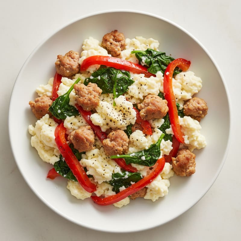 Egg White and Turkey Sausage Scramble with Spinach and Bell Peppers