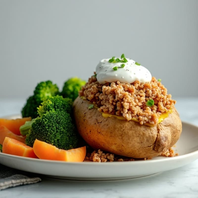 Crispy Baked Potato with Lean Ground Turkey, Broccoli, and Creamy Greek Yogurt