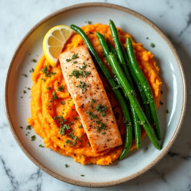 Seared Salmon with Garlic Green Beans and Sweet Potato Mash