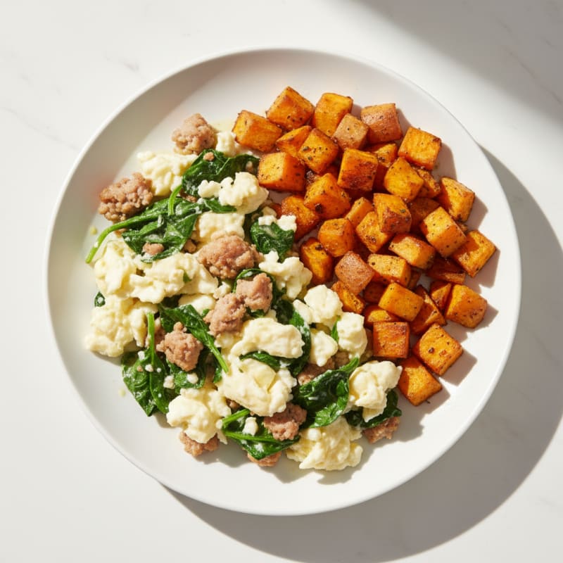 Egg White and Turkey Sausage Scramble with Spinach and Roasted Sweet Potato