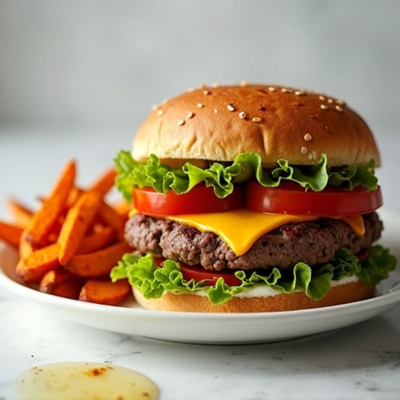 Lean Beef Burger with Crispy Sweet Potato Fries