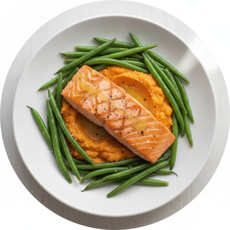 Seared Salmon Fillet with Steamed Green Beans and Sweet Potato Mash