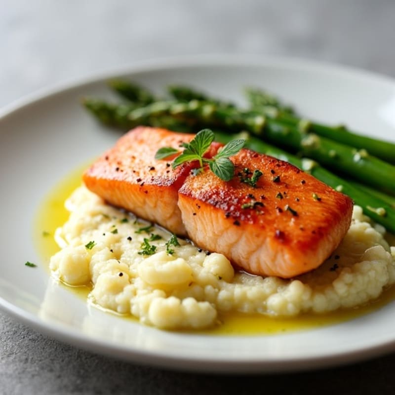 Seared Salmon with Steamed Asparagus and Cauliflower Mash