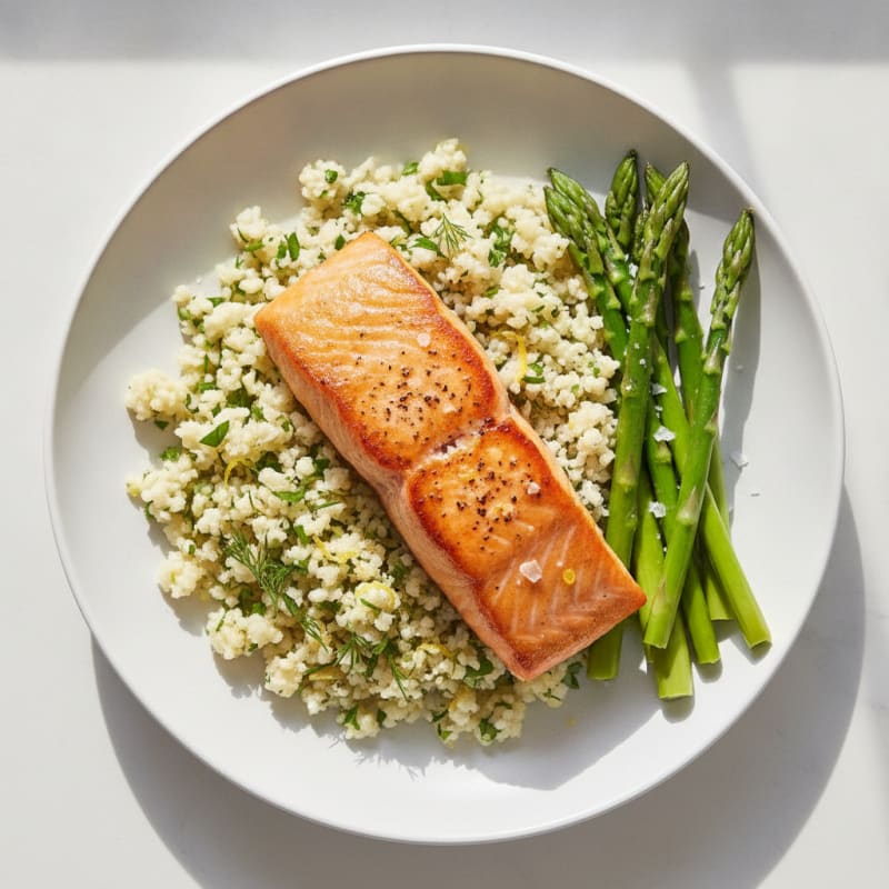 Seared Salmon with Herbed Cauliflower Rice and Steamed Asparagus