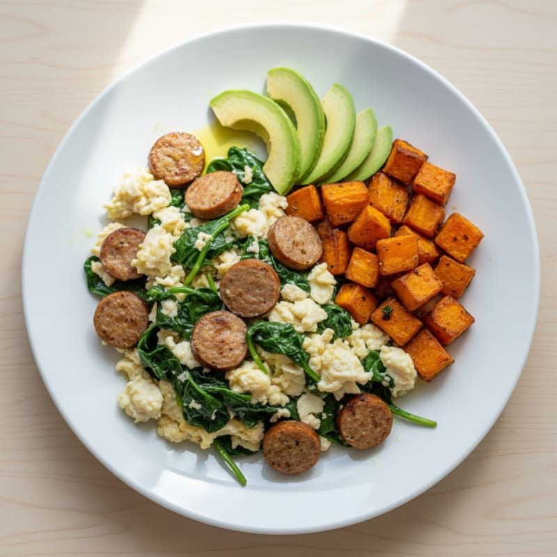 Egg White and Turkey Sausage Scramble with Sautéed Spinach