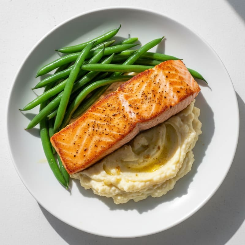 Seared Salmon with Steamed Green Beans and Garlic Mashed Cauliflower