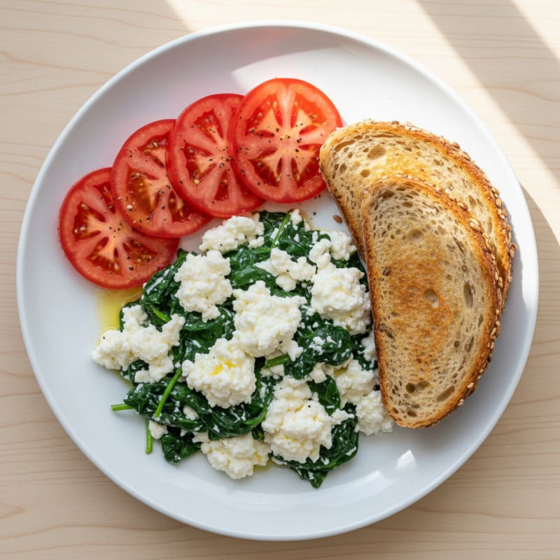 Egg White Spinach Scramble with Cottage Cheese and Fresh Tomatoes
