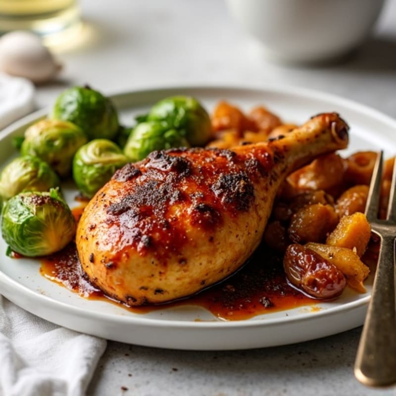 Sticky Date-Glazed Roasted Chicken with Crispy Brussels Sprouts