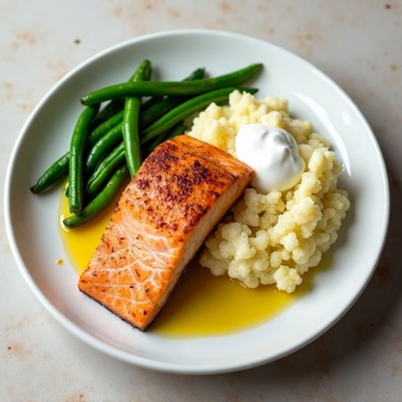 Seared Salmon Fillet with Steamed Green Beans and Garlic Mashed Cauliflower
