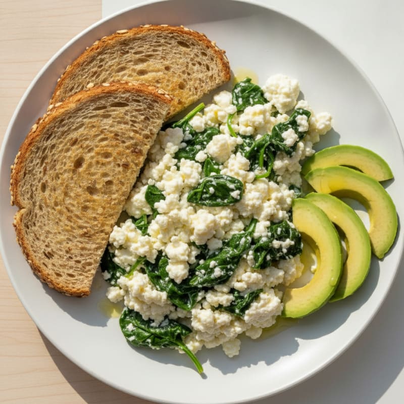 Scrambled Eggs with Cottage Cheese and Sautéed Spinach