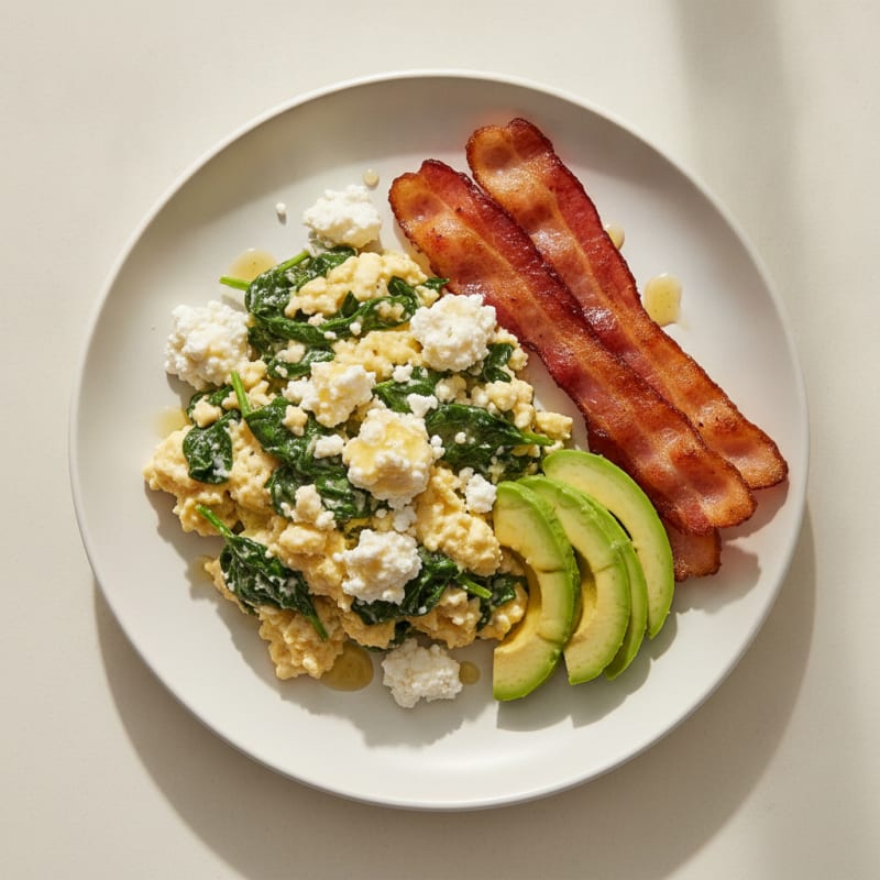 Creamy Cottage Cheese Scramble with Spinach and Turkey Bacon