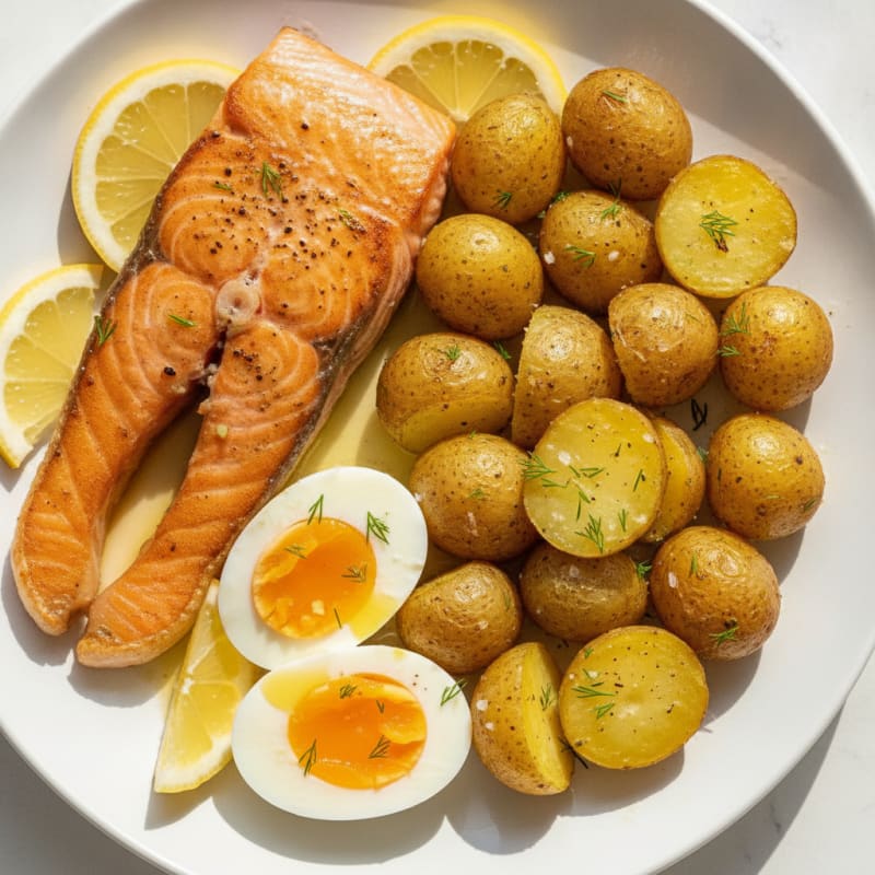 Pan-Seared Salmon with Roasted Potatoes and Egg