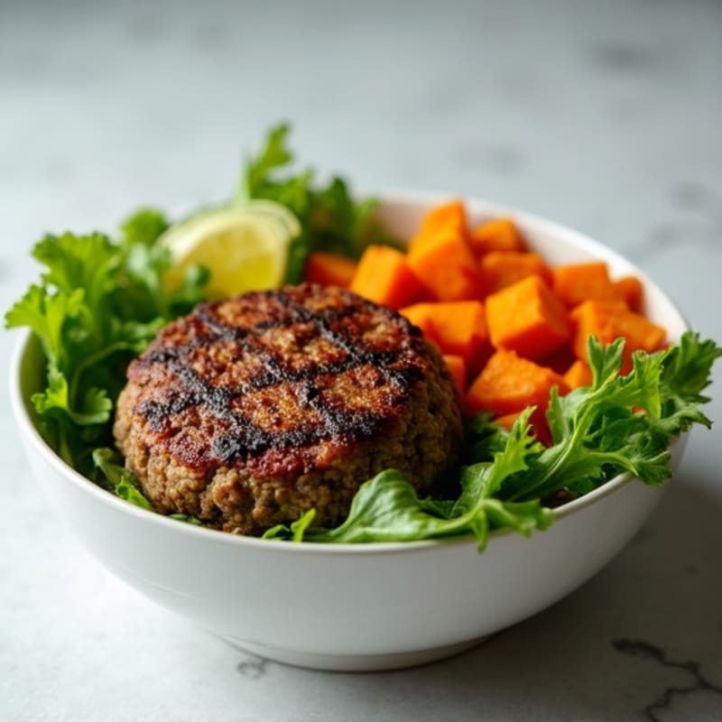 Lean Ground Beef Burger Bowl with Fresh Greens and Roasted Sweet Potatoes