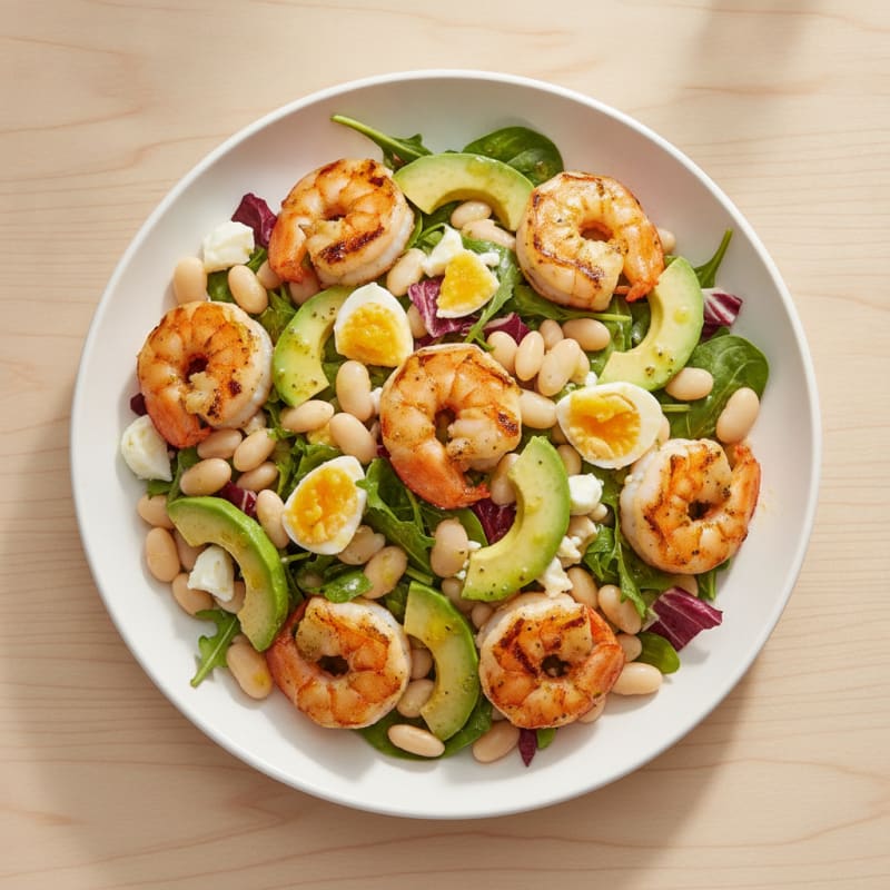 Grilled Shrimp and Bean Salad with Avocado and Mixed Greens