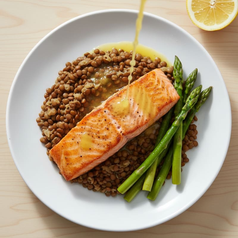 Seared Salmon Fillet with Steamed Asparagus and Lentil Mash