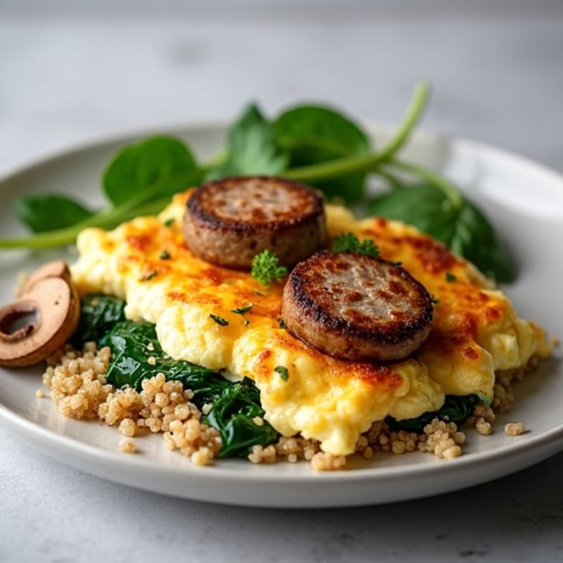 Egg White and Turkey Sausage Scramble with Sautéed Spinach, Mushrooms, and Quinoa