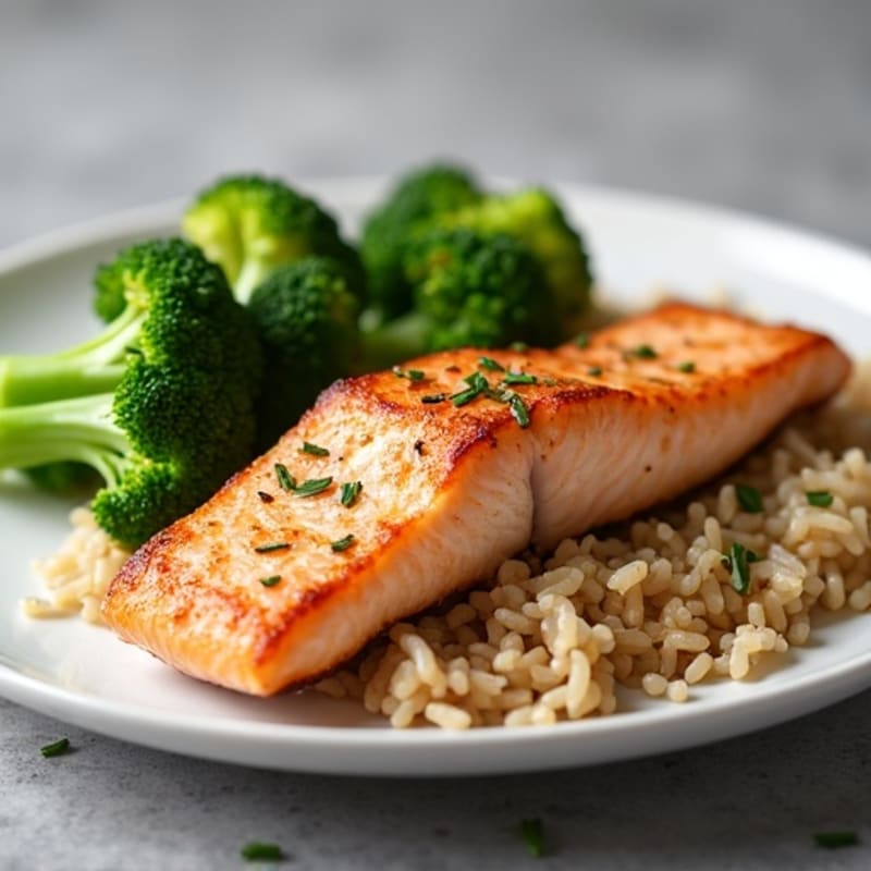 Pan-Seared Salmon with Steamed Broccoli and Brown Rice