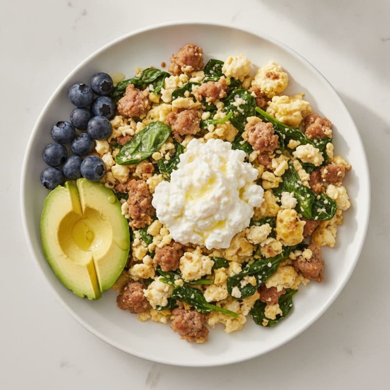 Egg White and Turkey Sausage Scramble with Spinach and Cottage Cheese